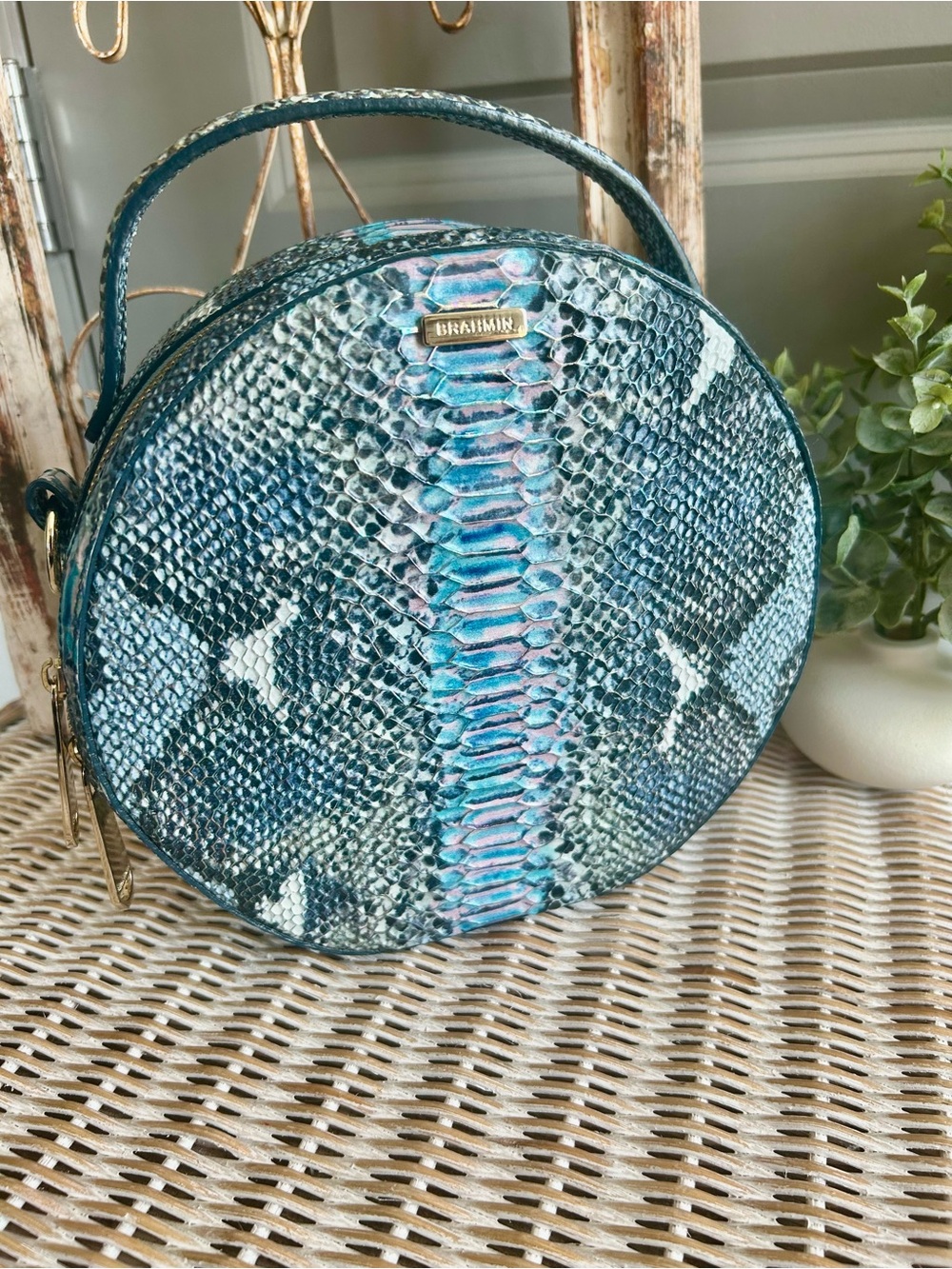Brahmin Lane Marine Seville Circle Crossbody Iridescent Python Embossed Leather